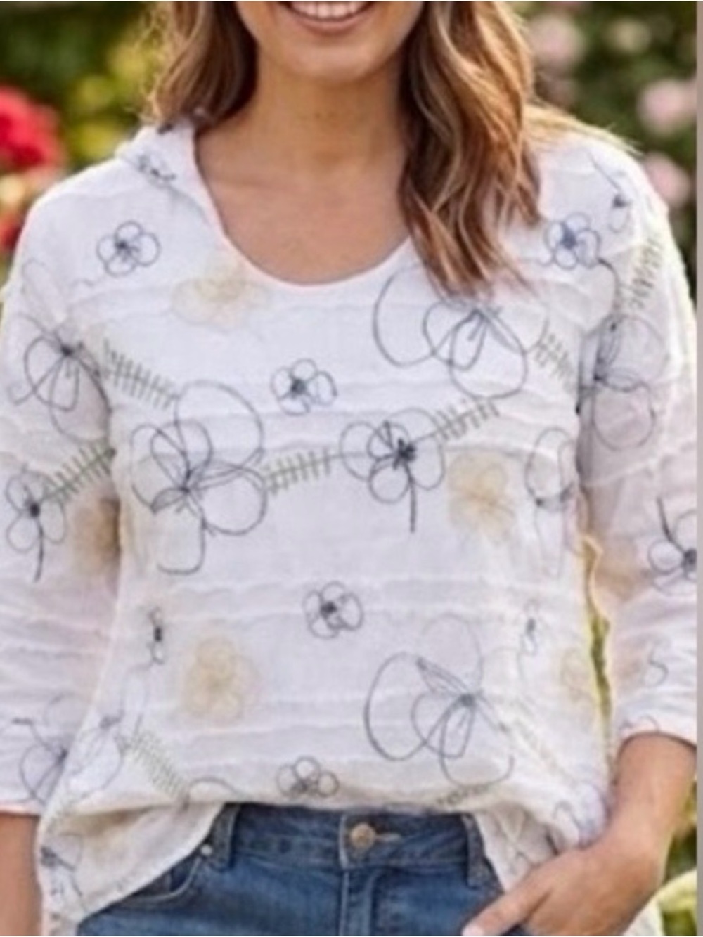 100%cotton White embroidery Floral Hooded top Tunic - White SzM
